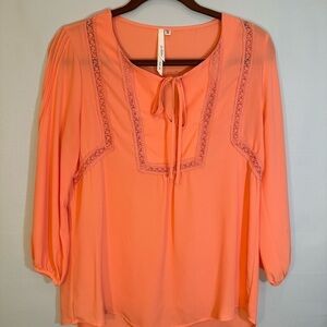Bellatrix  Boho Light Orange 3/4 Sleeve Lace Trim Tie Neck High Low Hemline S